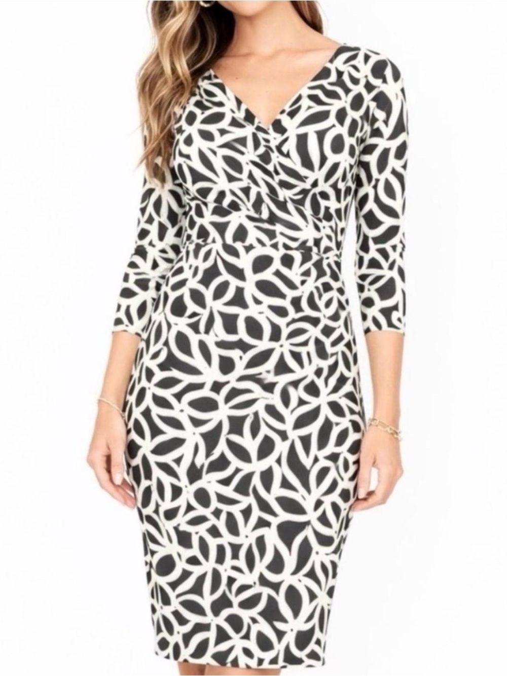 Ralph Lauren Black & White Abstract Wrap-Front Midi Dress